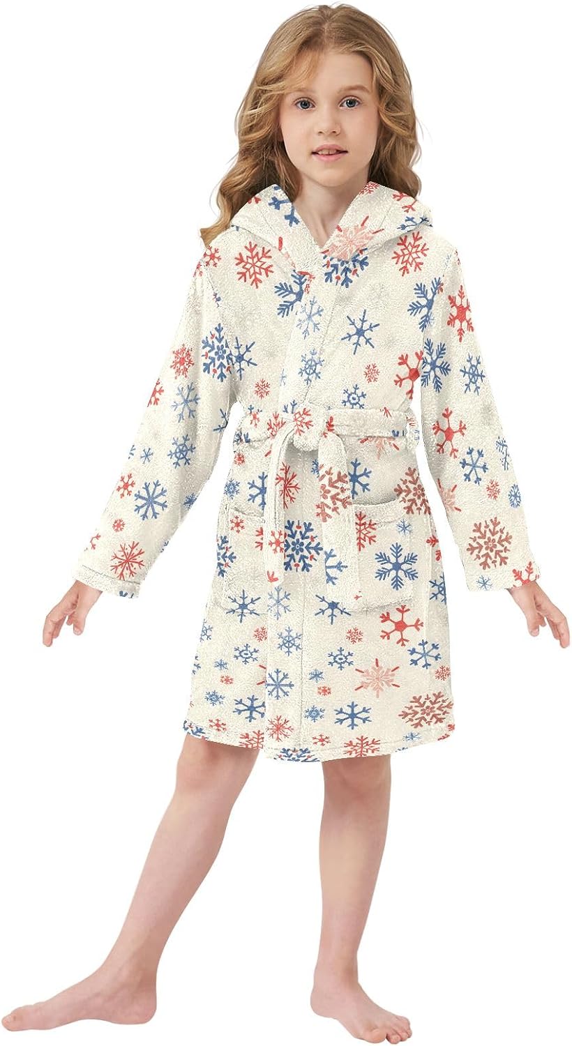 Red Blue Snowflakes Pattern Toddler Hooded Bathrobe for Boys Girls Soft Plush Bath Towel Robe 2-12 Years