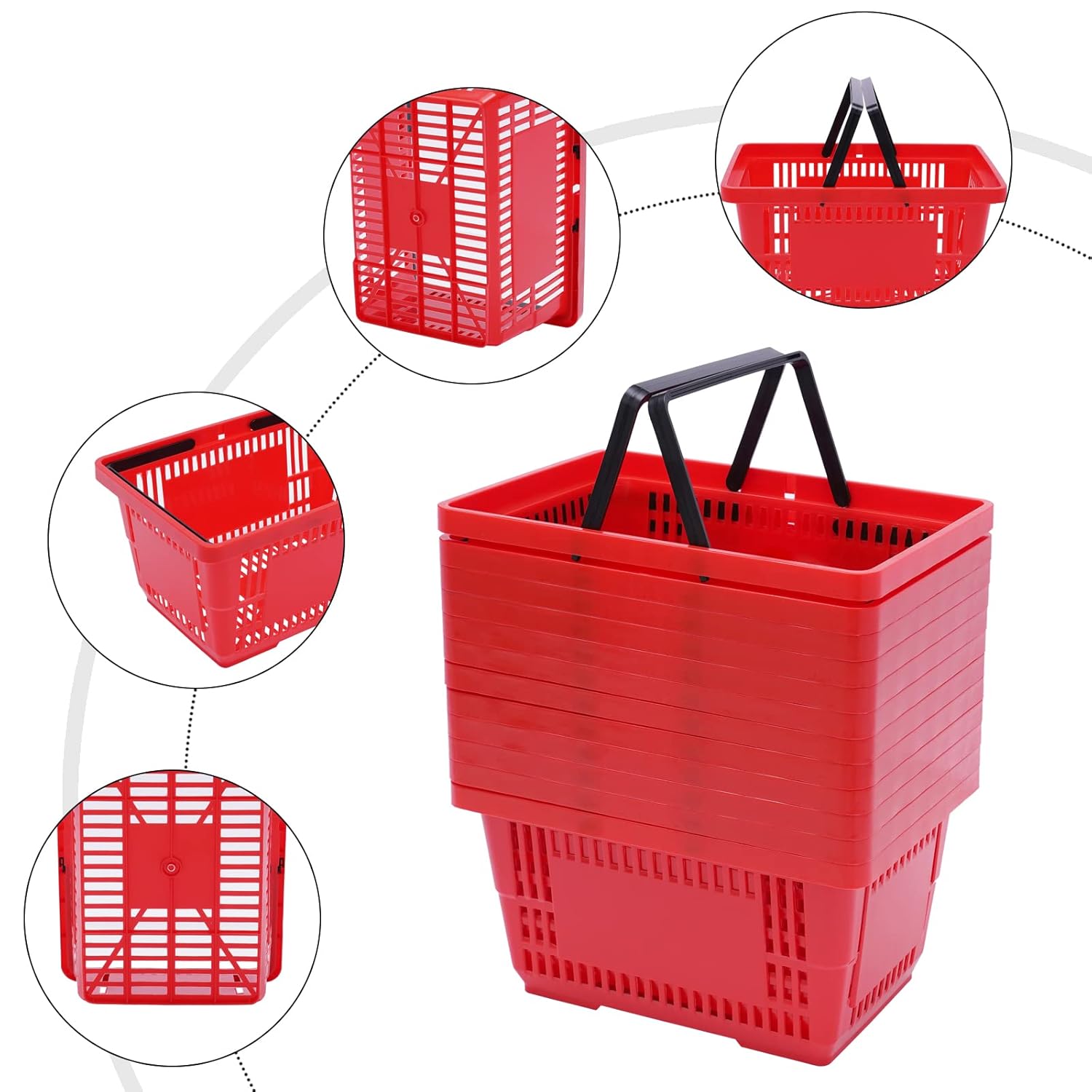 12PCS Plastic Shopping Baskets, 18L Hand Shopping Baskets Set with Handles, Portable Retail Grocery Basket, Durable Shopping Cart for Supermarket Retail Shop Book Store (Red)