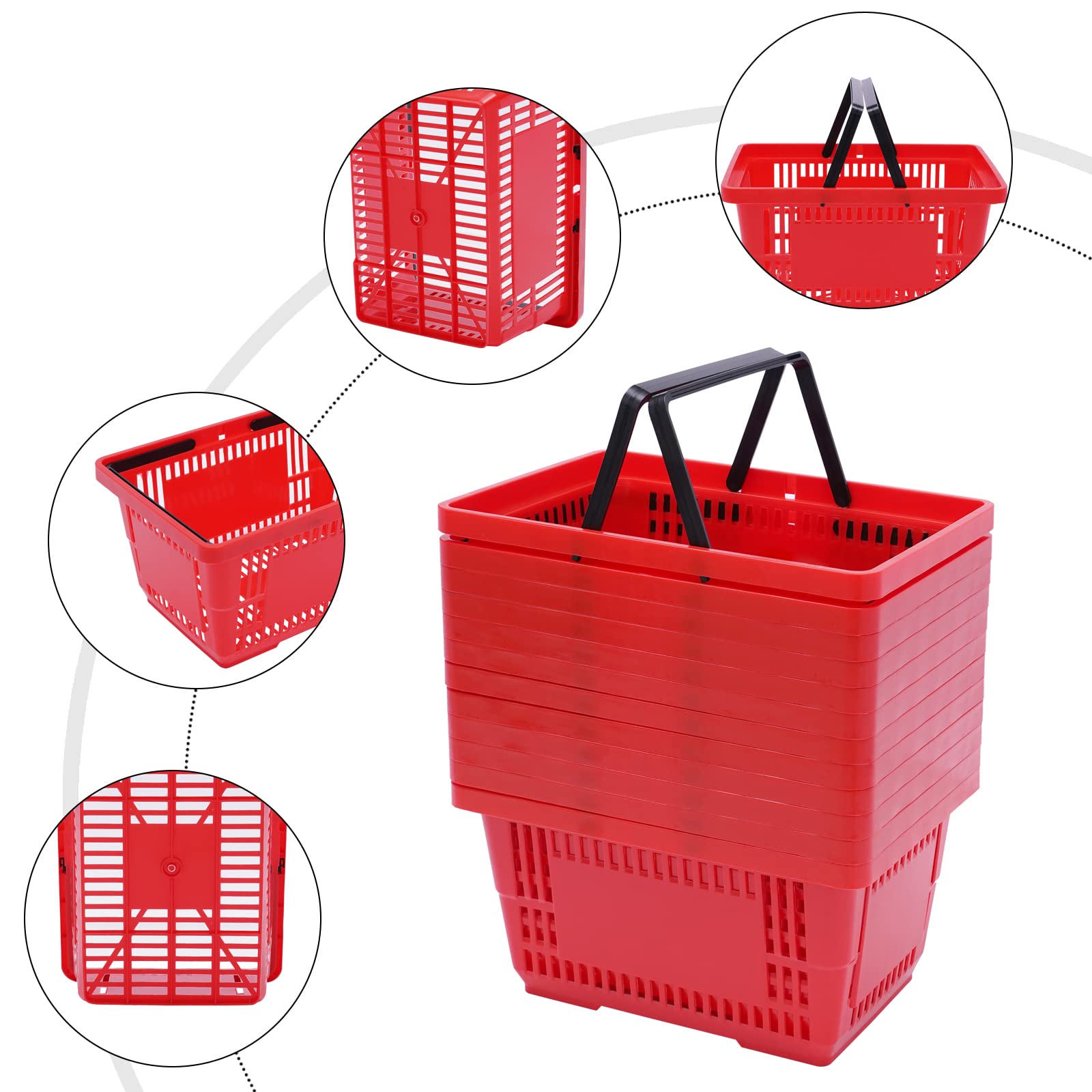 12 Stück 18L Rot Einkaufskörbe für Supermärkten | 43×30×23cm Plastikkorb Lagerkorb Tragkorb PP Tragkraft 10KG für Transportieren und Aufbewahren von Kleinartikeln