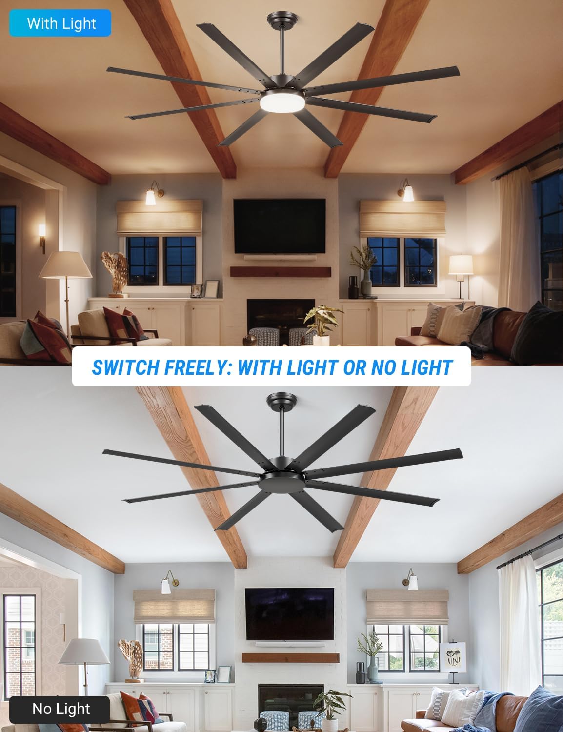 Carrefour Smart Ceiling Fans with Lights and Remote, 88 Inch Large Ceiling Fan No Light Option, 6 Speed Quiet DC Motor, APP and Wall Control, 3 CCT Dimmable, 8 Aluminum Blades for Indoor Outdoor