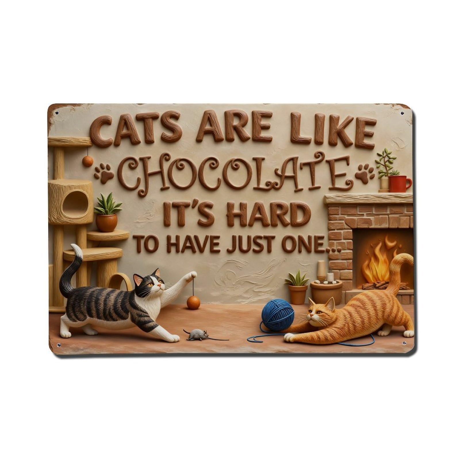 Cats Chocolate Fireplace Playful Cozy Metal Tin Sign Plaque