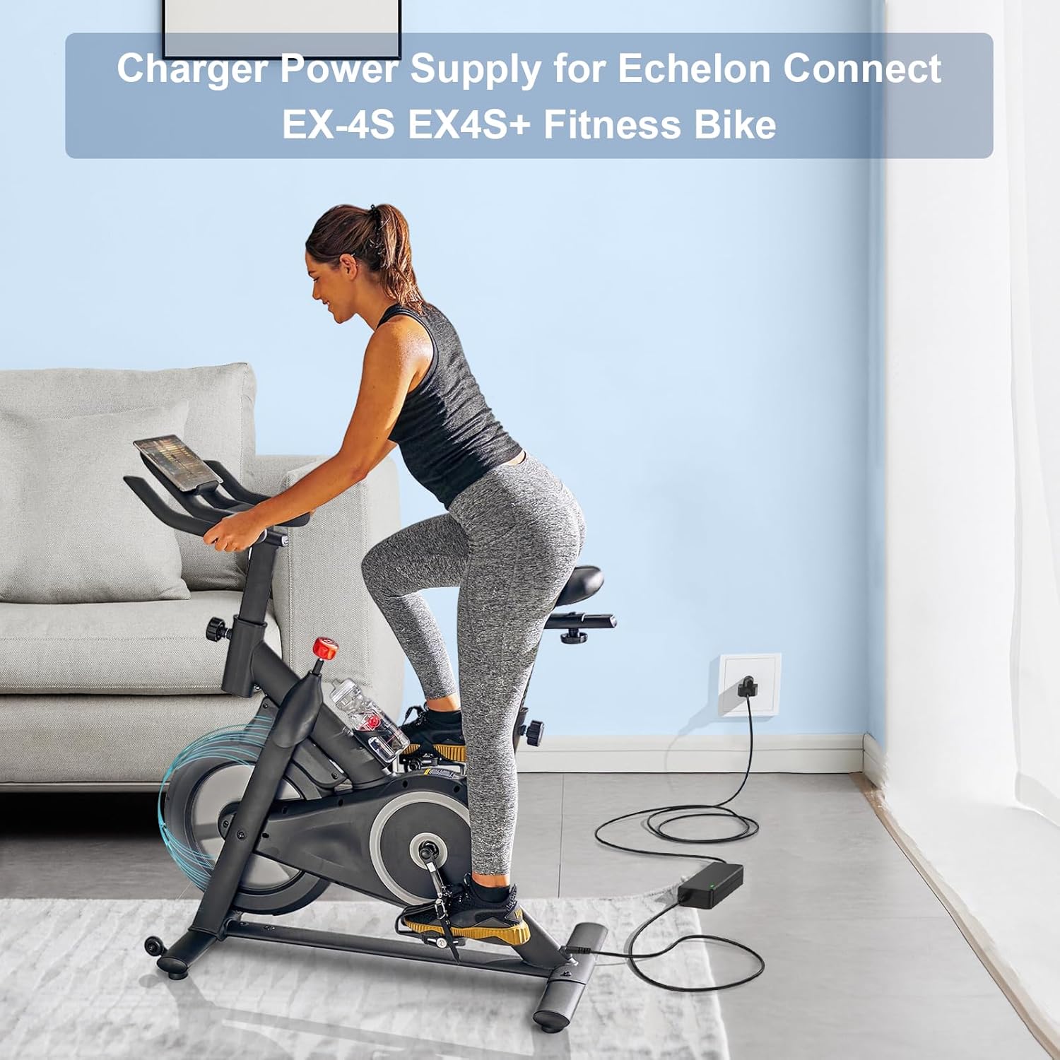 Person riding an Echelon exercise bike powered by the VIFOCUFY power cord
