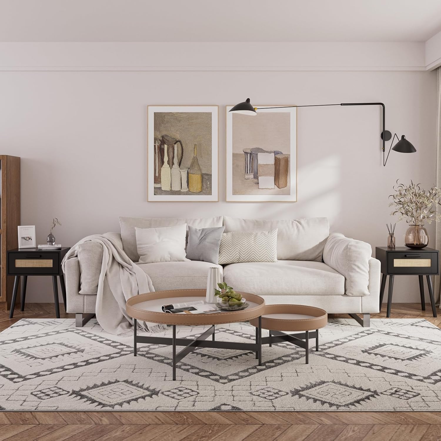 Bedroom Nightstands Wooden Night Stands with Rattan Weaving Drawer Home Bedside End Table for Bedroom Storage (Bohemian-Black)