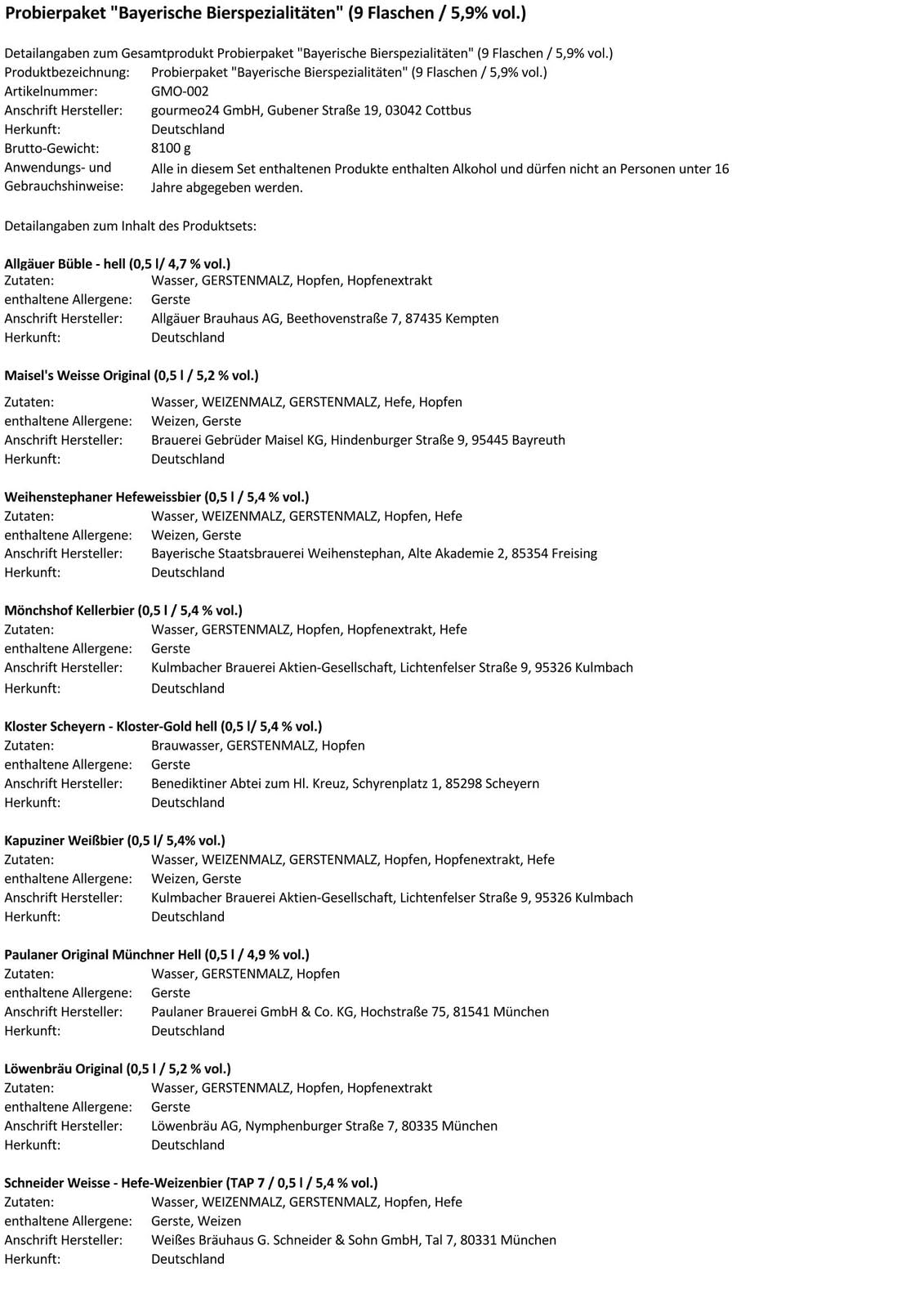 Probierpaket 'Bayerische Bierspezialitäten' (9 Flaschen / 5,4% vol.)