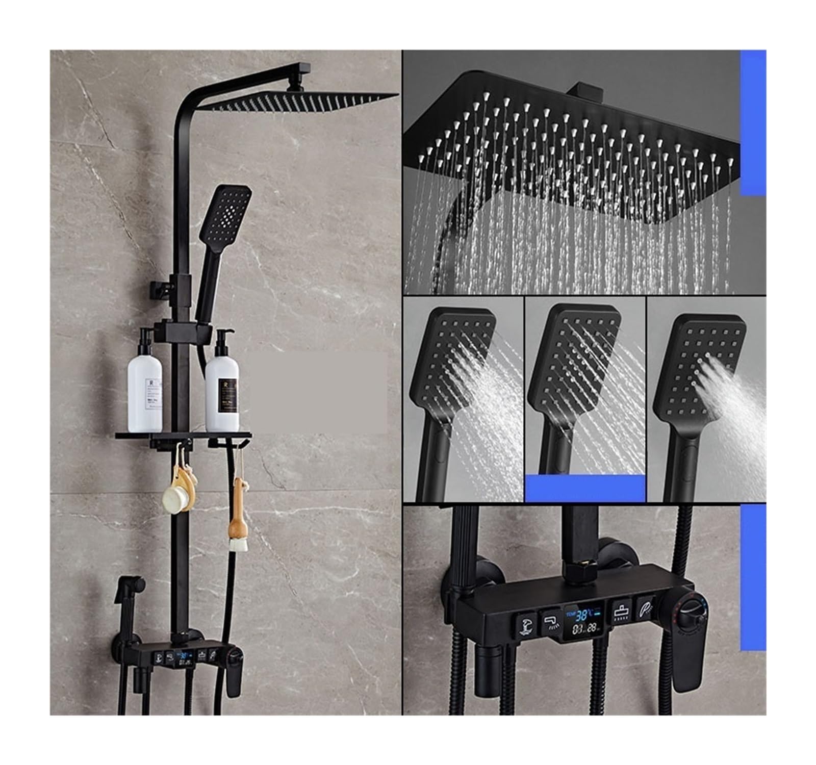CVFRDD Thermostatic Shower System ，Digital Display Bathroom Black Faucet， Mixer Tap Bathtub 3-way Rain Shower Set Rainfall Shower(4 types thermostatic)