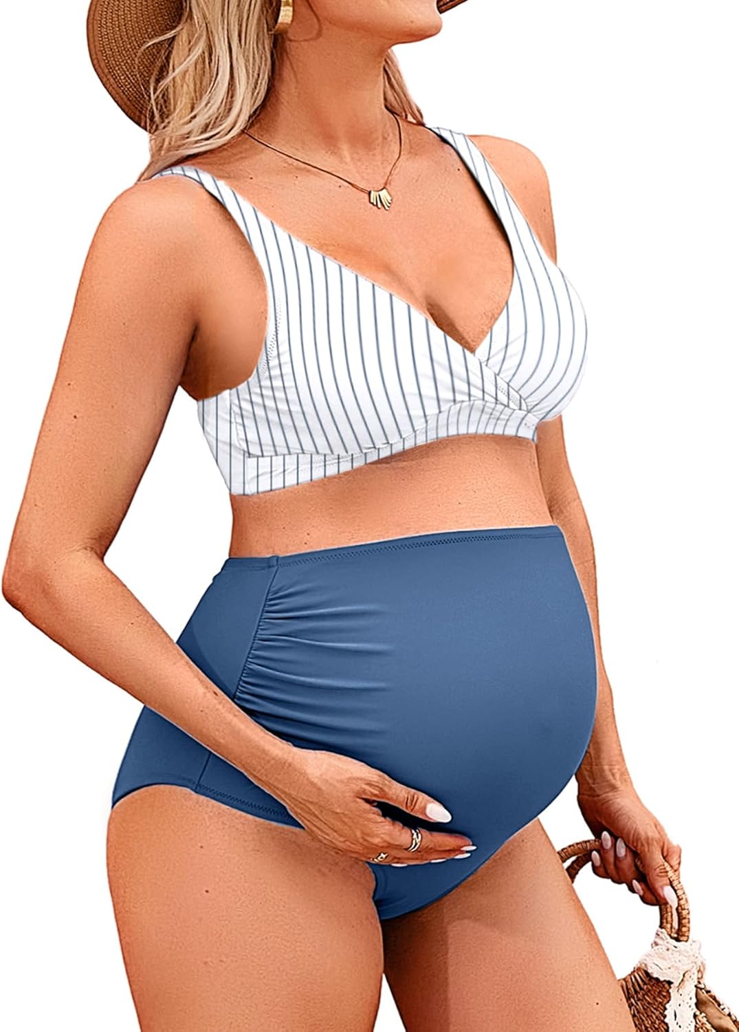 Charmo High Waisted Maternity Swimsuit Bikini Set V Neck Pregnancy Bathing Suits Push Up Two Piece Swimwear