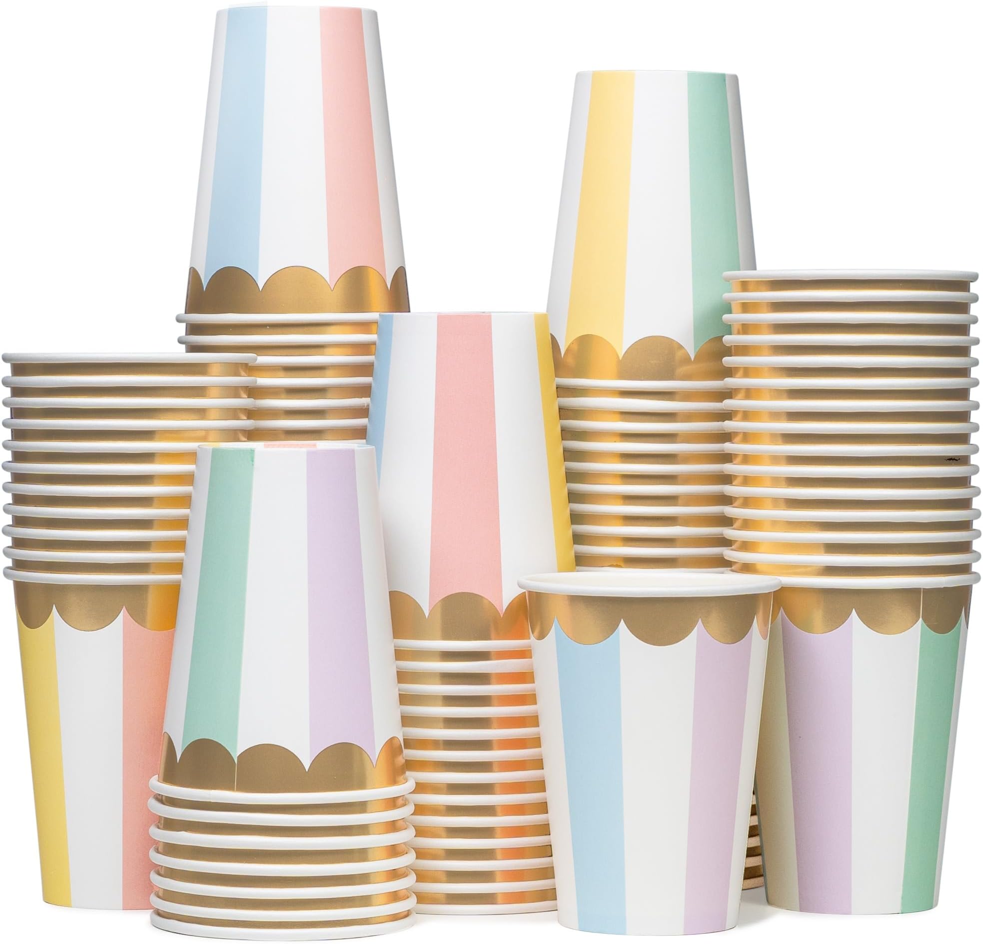 Disposable Paper Coffee Cups, Bulk 100 Pack, Pastel Stripes, Leak-Resistant, 12 oz Hot and Cold Cups for Restaurants and Parties