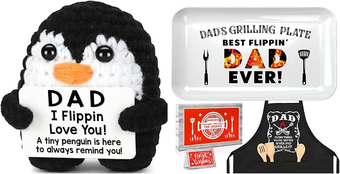 CryCarrot Gifts for Dad from Daughter Son Wife, Mini Funny Handmade Crochet Penguin & Personalized Dad Grilling Platter Apron Set
