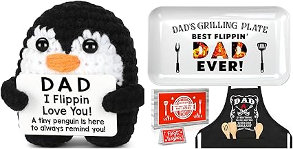 Gifts for Dad from Daughter Son Wife, Mini Funny Handmade Crochet Penguin & Personalized Dad Grilling Platter Apron Set