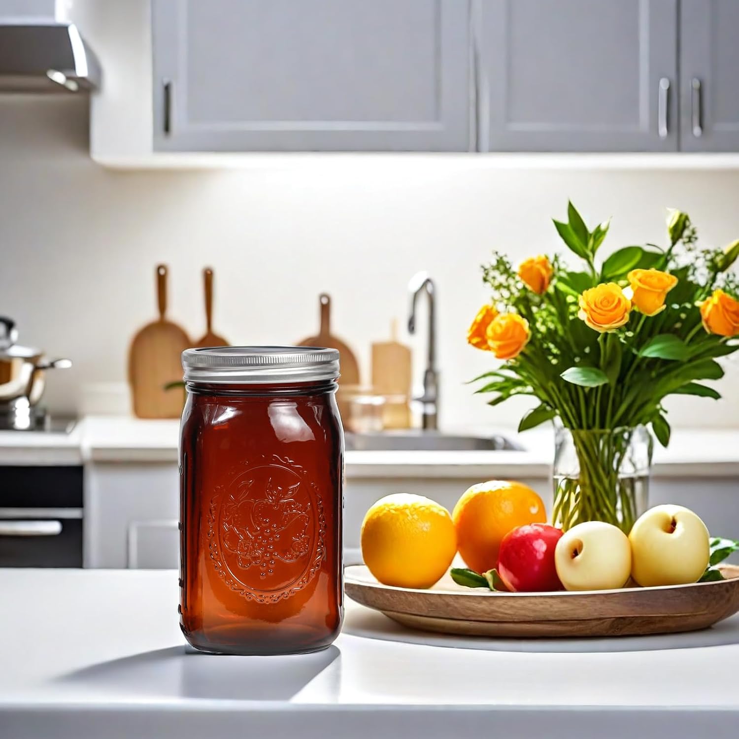 Yodecy 6 Pack 32 oz Amber Wide Mouth Mason Jars with Airtight Lids and Black Plastic Mason Jar Lids, Amber Canning Jars with Lid
