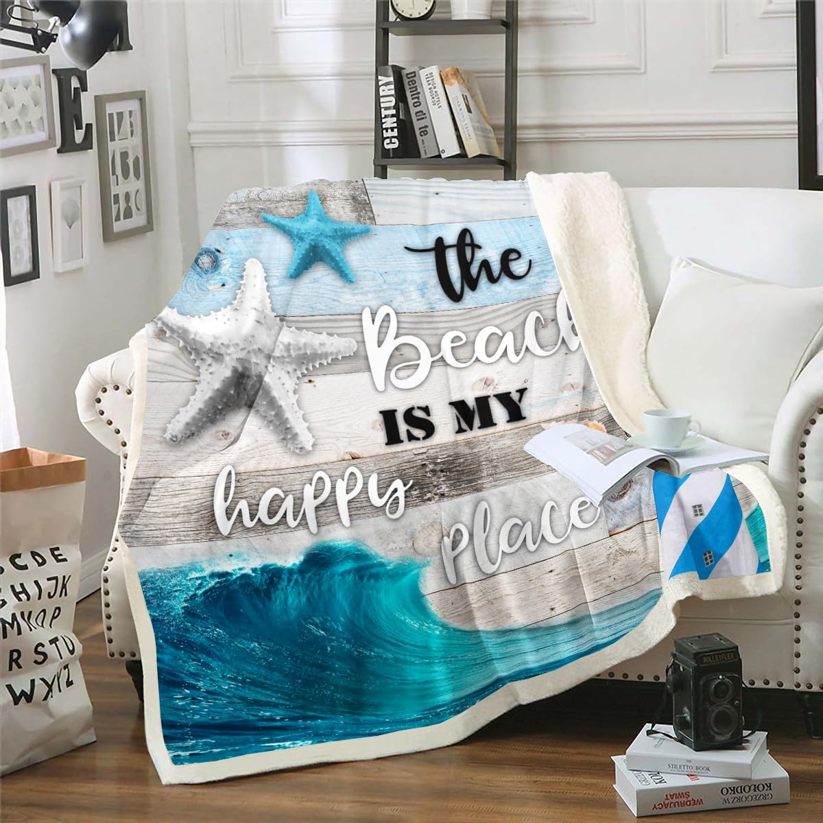 Blue Sea Waves Throw Blanket Ocean Beach Coastal Fleece Blanket for Women Girls,Grey Vintage Wood Planks Lighthouse Blanket,Shells Conch Starfish