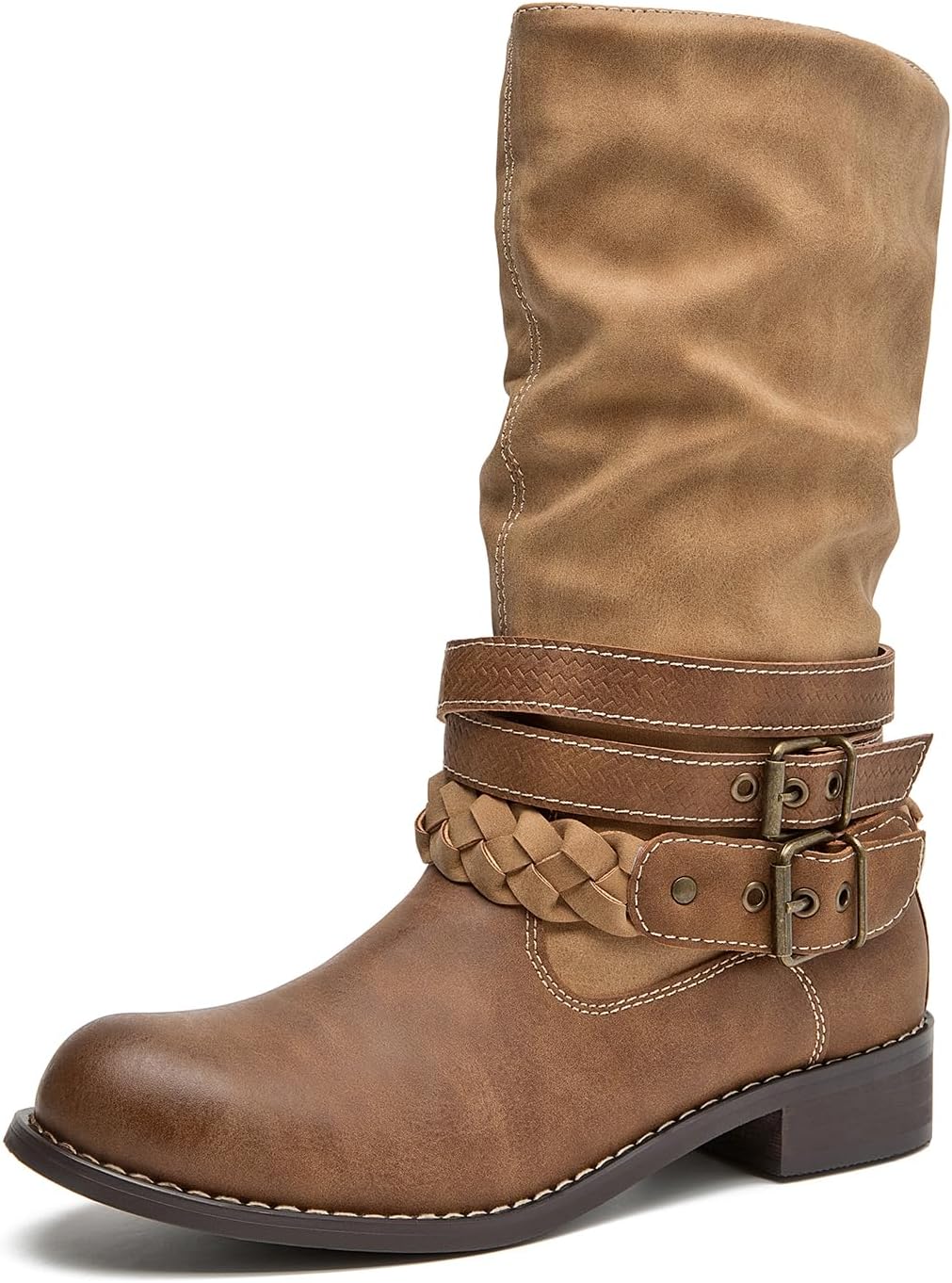 SelRoys Women’s Mid-calf Motorcycle Riding Boots with Buckle Straps Pull-on Low Block Heel Round Toe Slouchy Boots