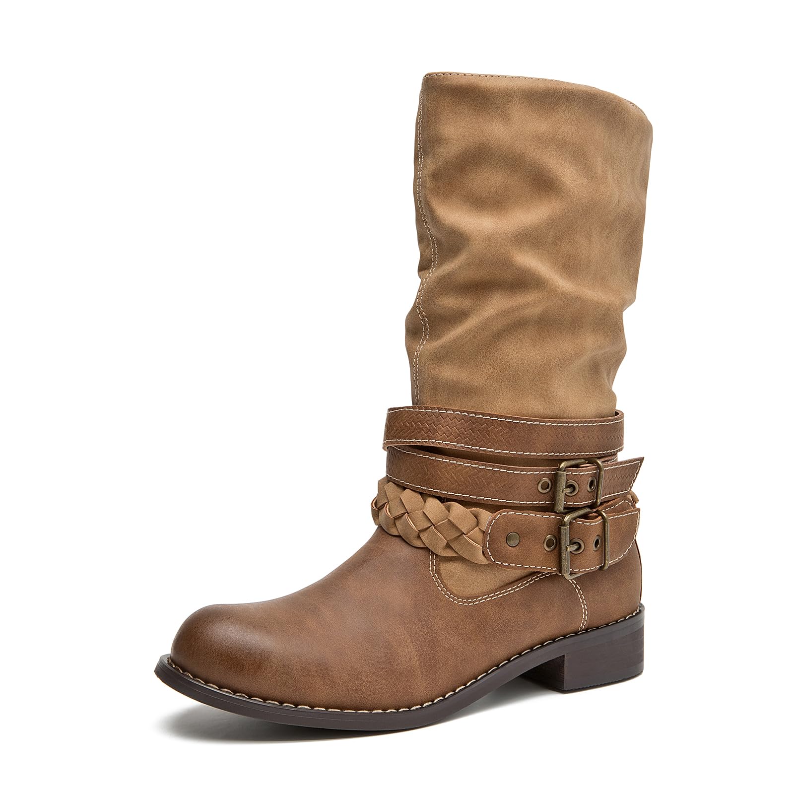 SelRoys Womens Mid-calf Motorcycle Riding Boots with Buckle Straps Pull-on Low Block Heel Round Toe Slouchy Boots