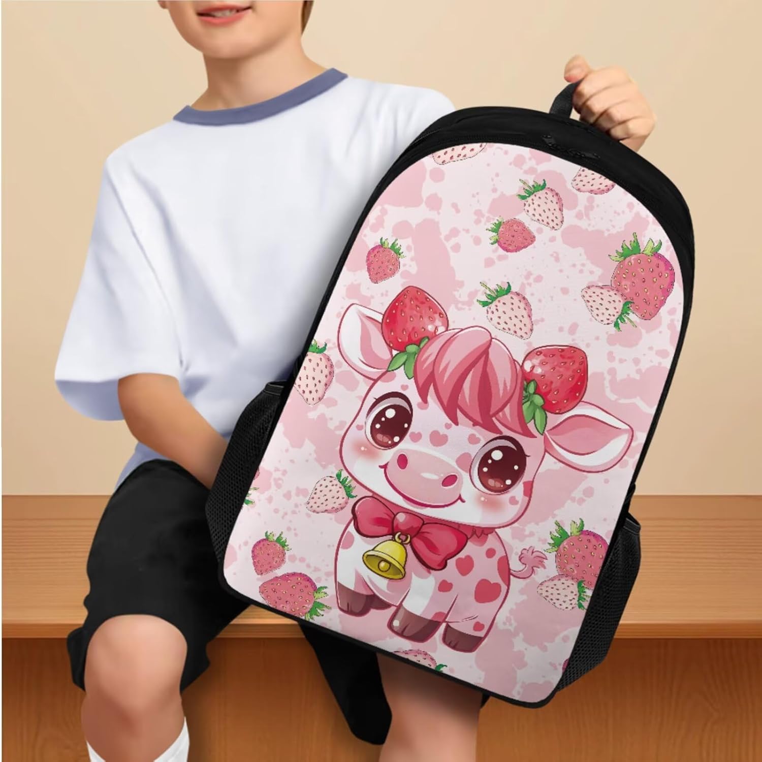 Pink Fruit Cow Backpack for School Girls 3rd Grade Boys Bookbag with Lunch Box Water Bottle Holder and Kawaii Big Pencil Case 4 PCS Sturdy Lightweight Back Packs with Compartment