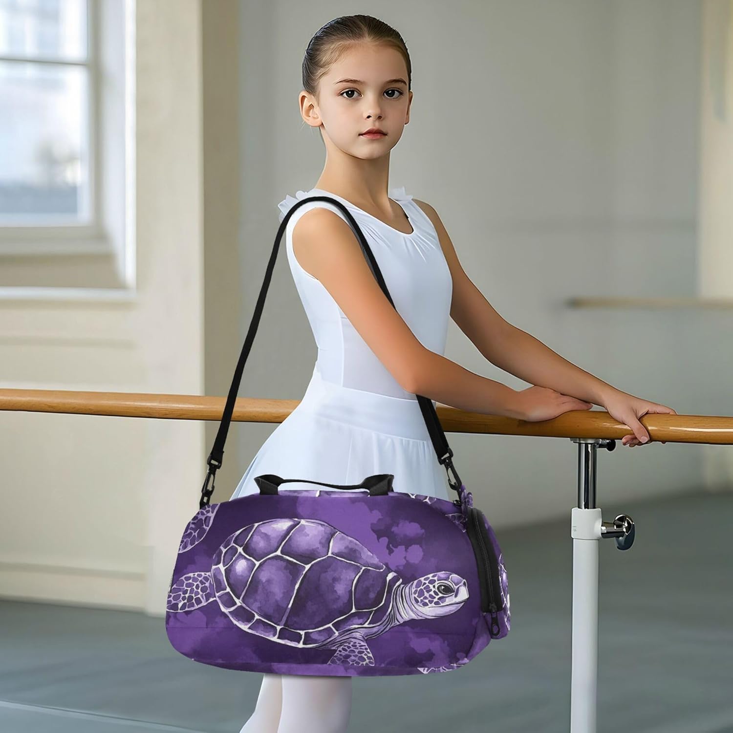 Sea Turtle Purple Duffle Bag for Kids Girls Boys, Sports Gym Bag with Shoe Compartments, Kids Travel Overnight Weekender Shoulder Bag