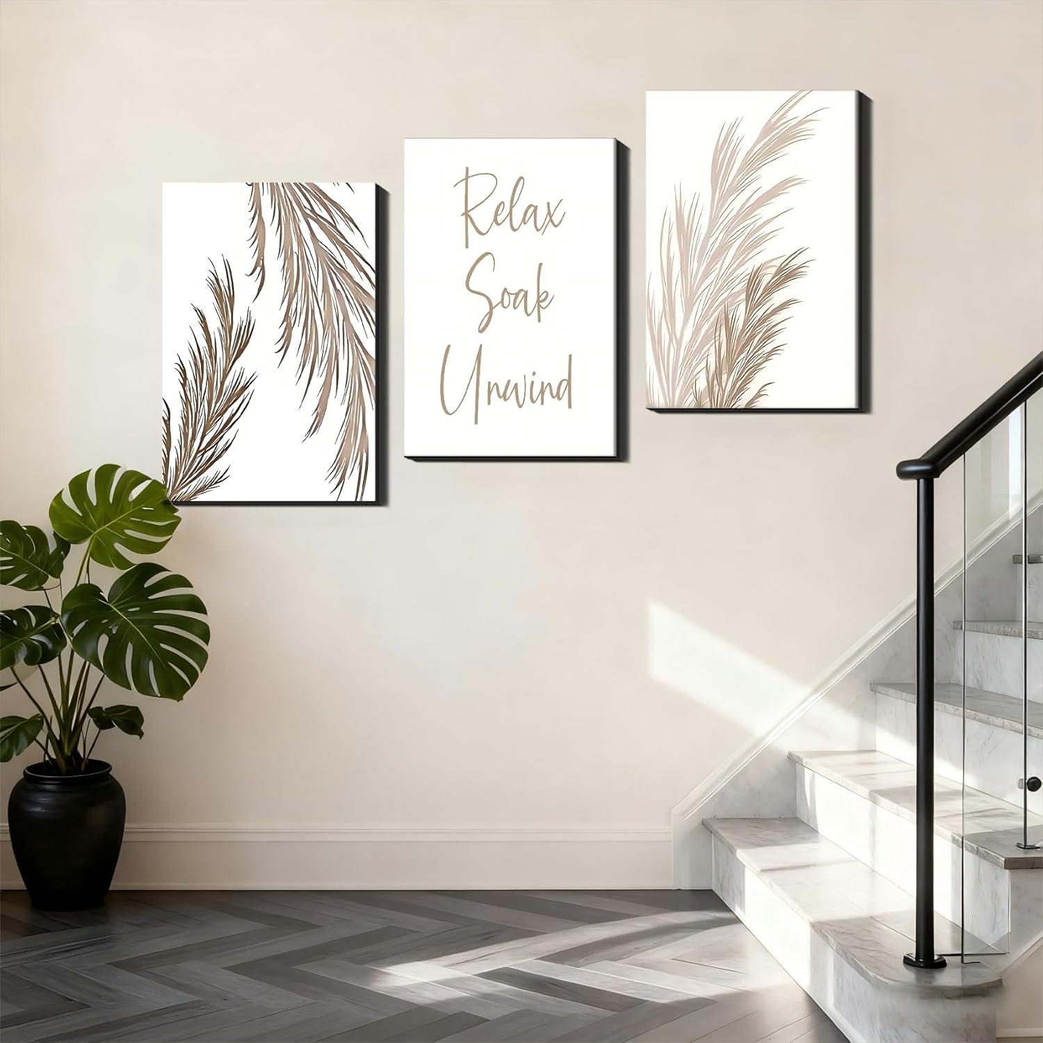 3 Piece Framed Canvas Art - Calming Bathroom Wall Decor, Relax Soak Unwind Pampas Grass Prints, Farmhouse Neutral Tone Wall Decor, Charming Framed Wall Art for Spa-Like Aesthetic