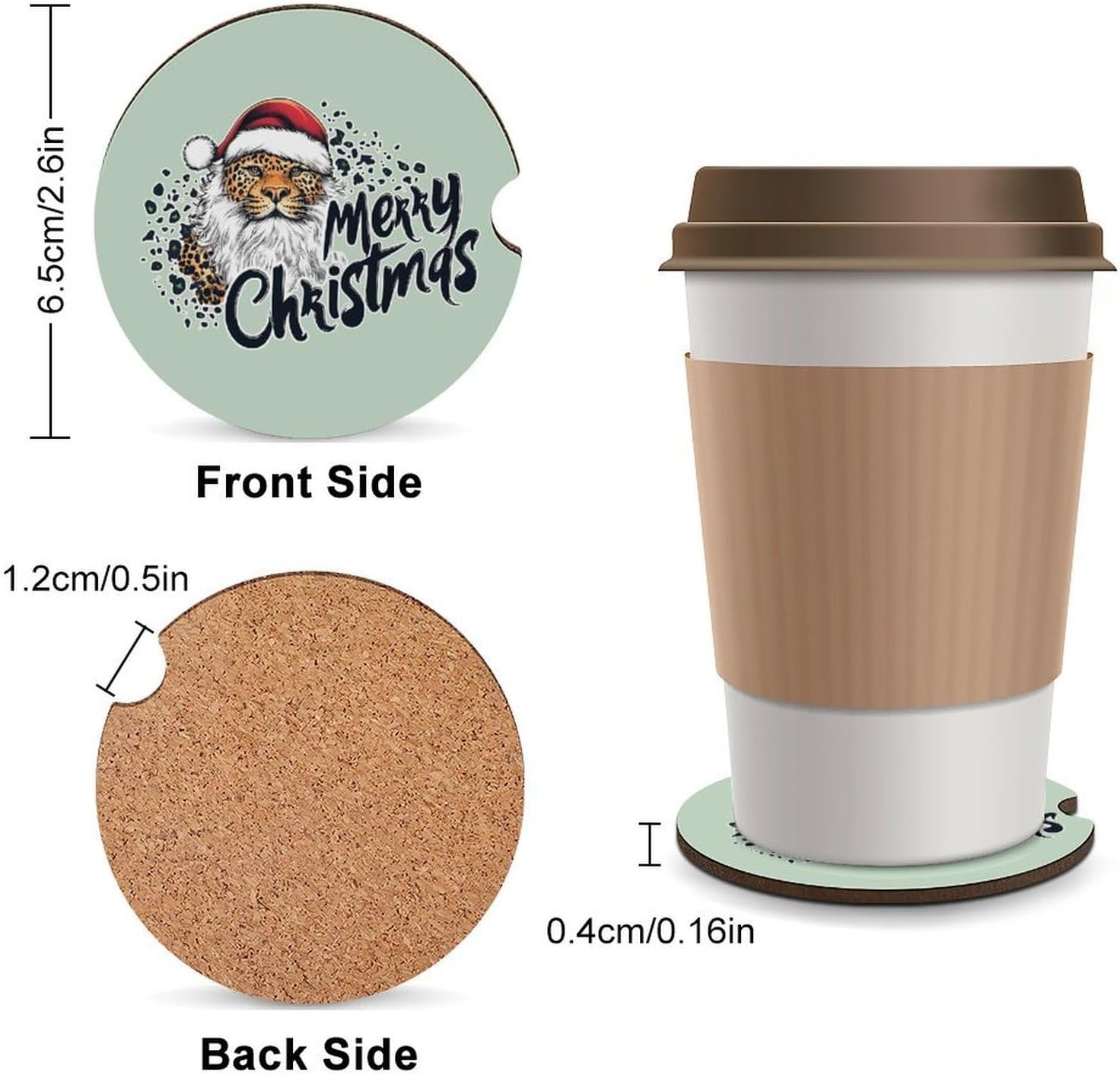 Leopard Santa Merry Christmas Car Cup Holder Coaster with Cork Base 2.6 Inches Anti Slip