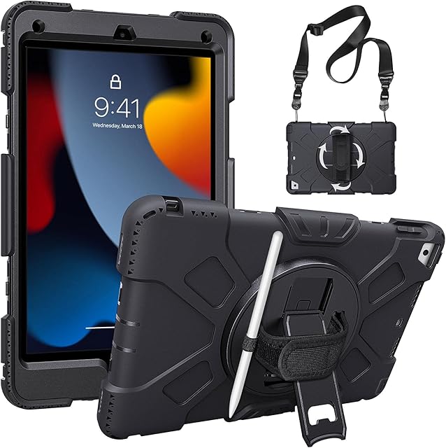 ZtotopCases Case for New iPad 9th/8th/7th Generation, 360 Degree Rotating Stand and Dual Layer Shockproof Full Protective Cover with Pencil Buckle for iPad 10.2 Inch 2021/2020/2019, Black