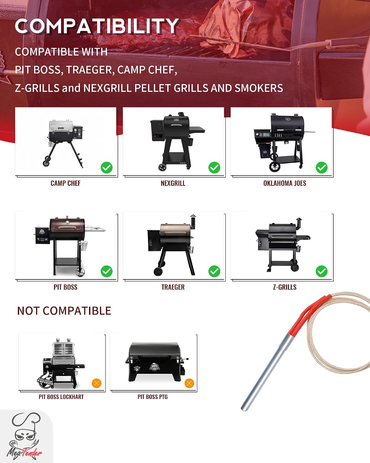 AC Hot Rod/Grill Igniter Replacement for Traeger, Pit Boss, Camp Chef, Z-Grills and Nexgrill Wood Pellet Grill Models