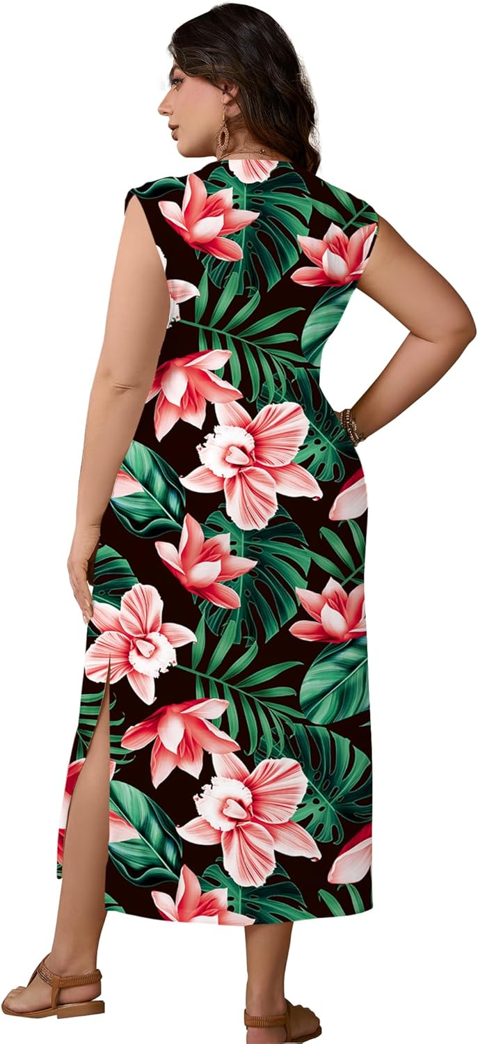 UOUA Women Summer Maxi Dresses Plus Size Casual Hawaiian Sundress Sleeveless Loose Split Beach Dress with Pockets - Image 5