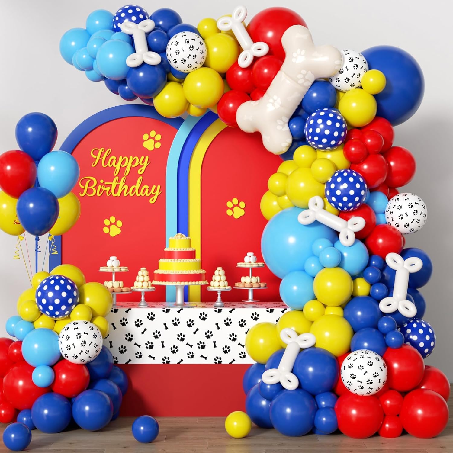 152pcs Paw Balloons Garland Arch Kit, Paw Print Balloon with Dog Bone Foil Balloons Royal Blue Yellow Red Balloons for Baby Shower Themed Birthday Party Decorations