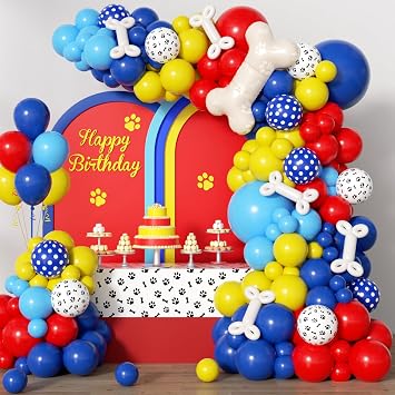 152pcs Paw Balloons Garland Arch Kit, Paw Print Balloon with Dog Bone Foil Balloons Royal Blue Yellow Red Balloons for Baby Shower Themed Birthday Party Decorations