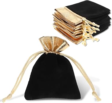 Xyembu 20 Pcs Velvet Drawstring Jewelry Pouches, Jewelry Bags, 3x4 Inch Gift Bag, Candy Bags, Small Cloth Bag for Wrapping Gift, Stones, Bracelet Black Gold