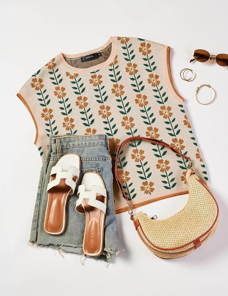 ZESICA Womens Floral Sweater Vest Summer Short Sleeve Crew Neck Cute Loose Knit Tops 2026 Trendy Clothes Outfits