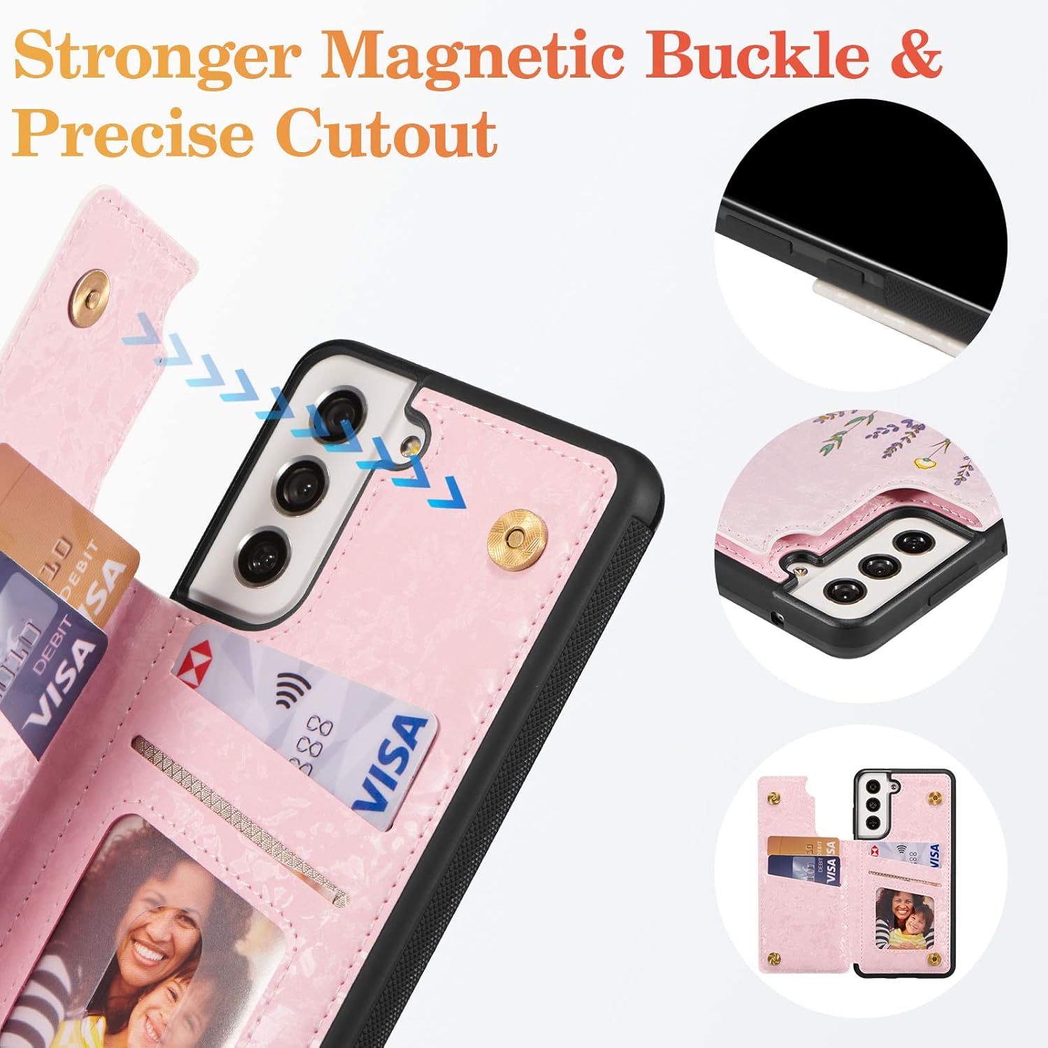 UEEBAI Wallet Case for Samsung Galaxy S21 FE 5G with Card Holders, PU Leather Cover Kickstand RFID Blocking Double Magnetic Clasp Rilievo Flower Shockproof Flip Case for Women Girls - Pansy - Image 3