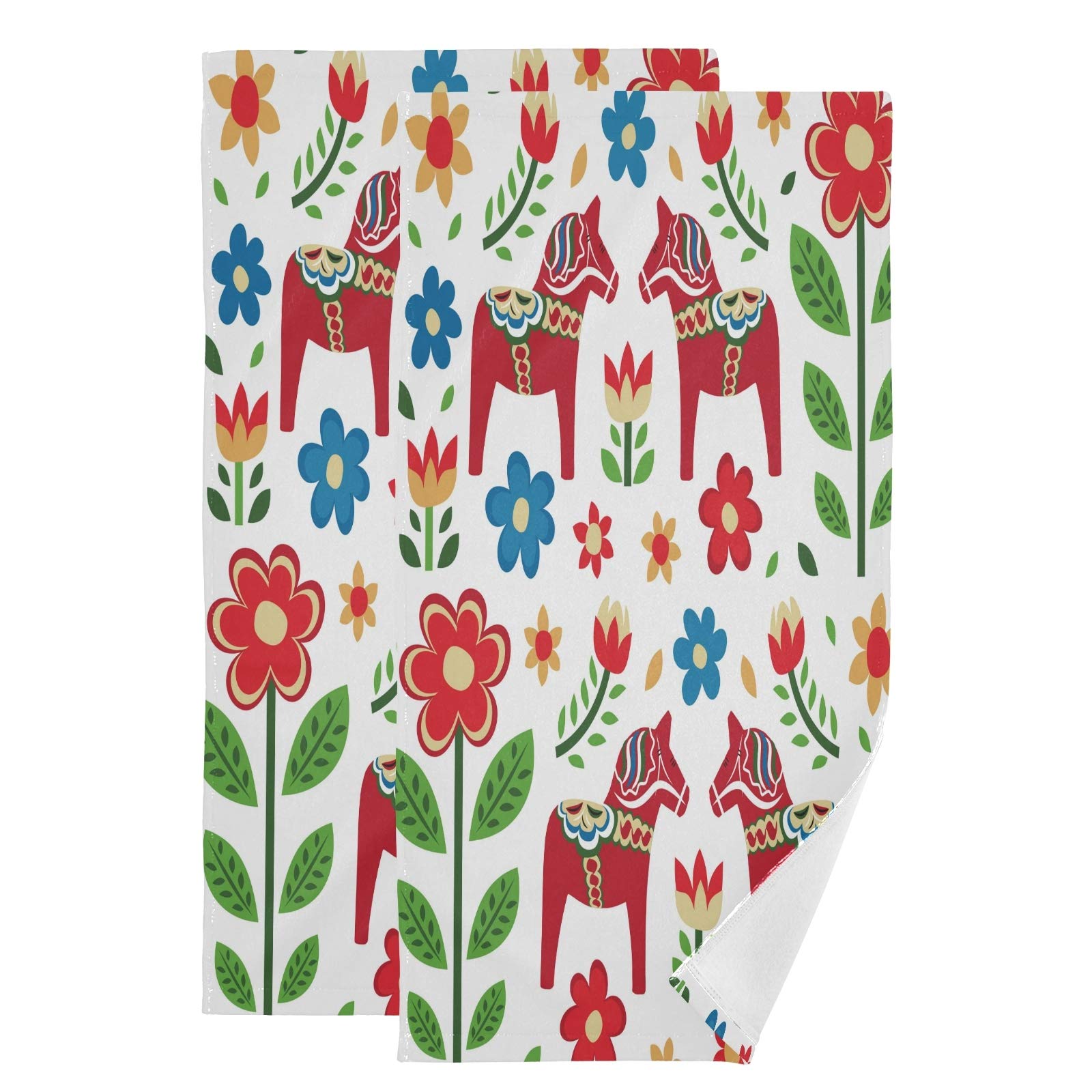 susiyo Hand Towel for Bathroom Set of 2 Absorbent Cotton Face Towel Multipurpose for Hotel Gym Guest Spa Yoga Home Decorative,28x14in (Swedish Dala Horse Pattern)