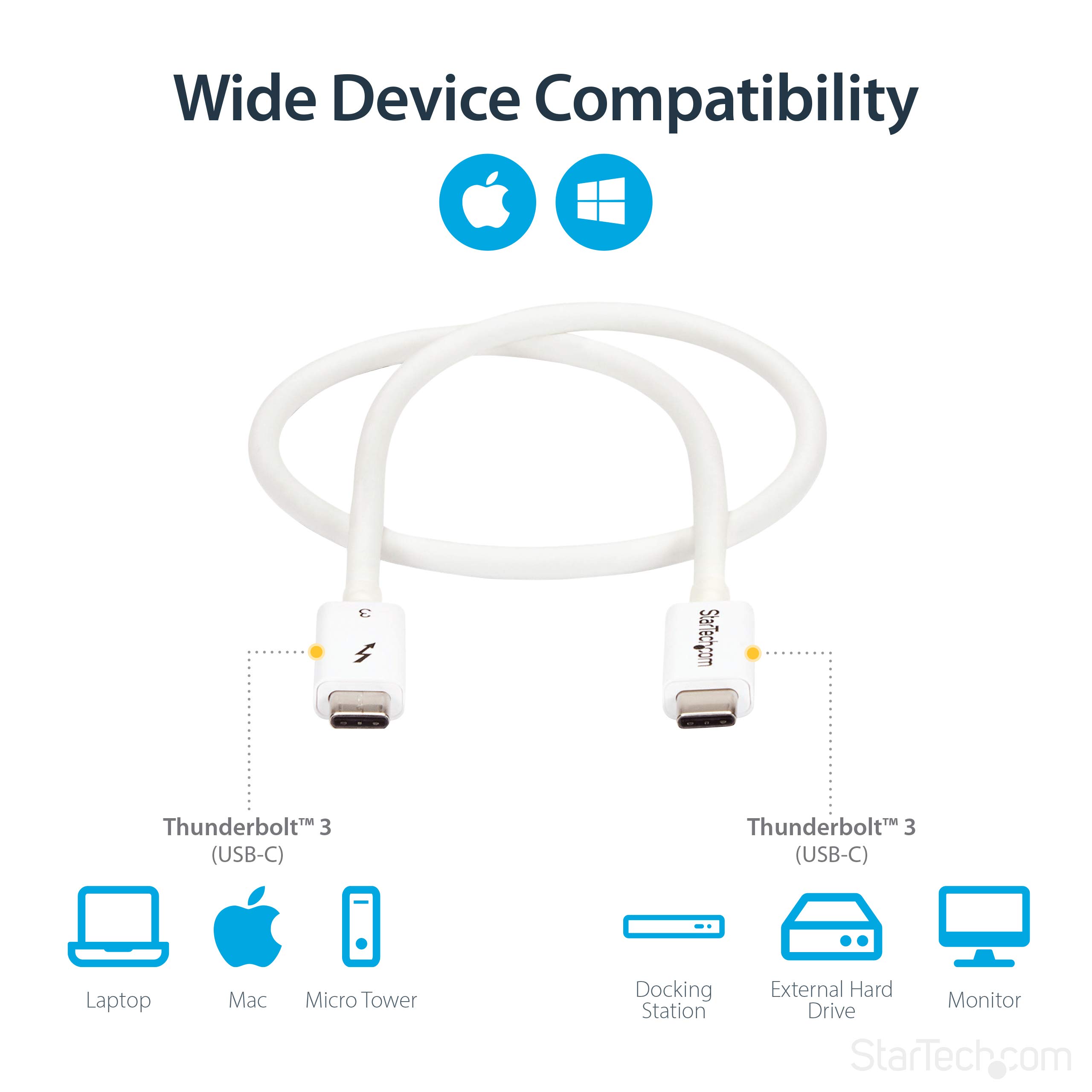 StarTech Câble Thunderbolt 3 Passif 50cm 40Gbps 100W PD 5K USB-C Blanc | Certifié Intel Thunderbolt, Compatible USB4 Thunderbolt 4, 5K 60Hz, Double 4K 60Hz