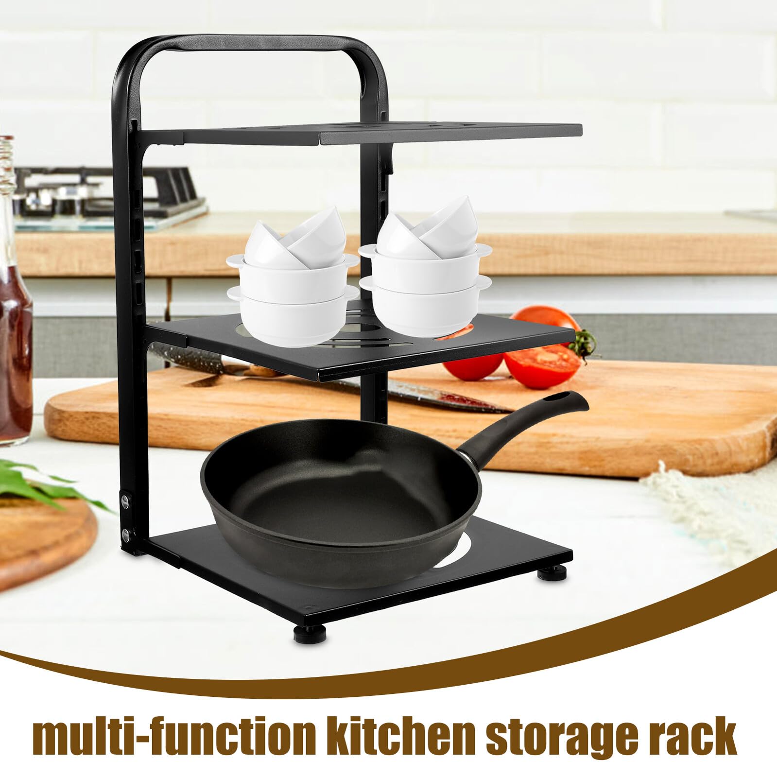 Organizador de Óxido Ollas en de 3 Acero Niveles y Sartenes de Negro al Carbono Resistente Prueba Adecuado para Cocina y Armarios