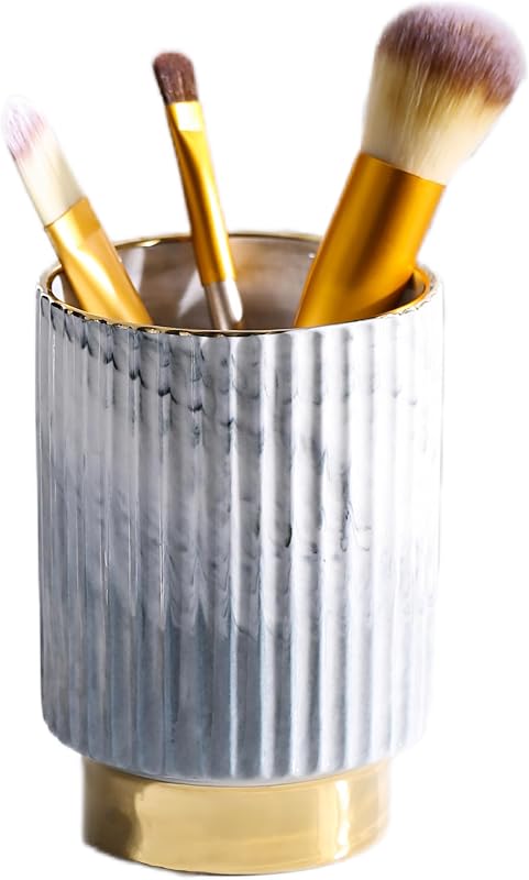 Porta-pincéis de maquiagem IEEK em cerâmica cinza e dourada, 12,19 cm x 8,64 cm
