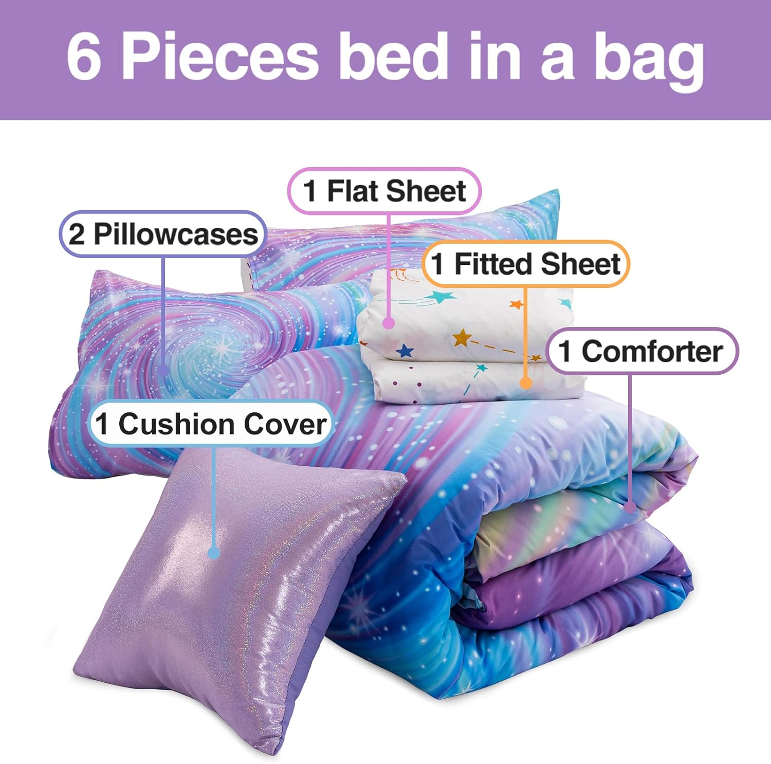 Btargot Super Soft 6 Pieces Gradient Star Ring Comforter Set, Colorful Glitter Rainbow Star Pattern Bedding Set for Boys Girls Teens, Twin Purple - Image 9