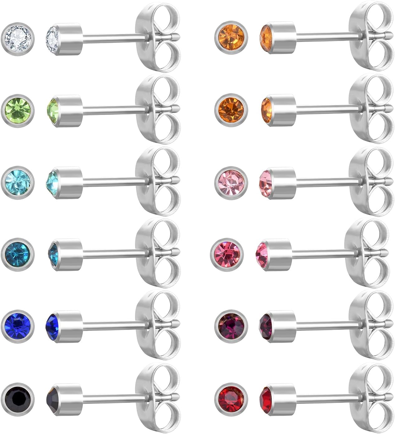 12 Pairs Surgical Stainless Steel Cubic Zirconia Birthstone Stud Earrings Heart Star Round Multicolors Stud Earrings Set for Women