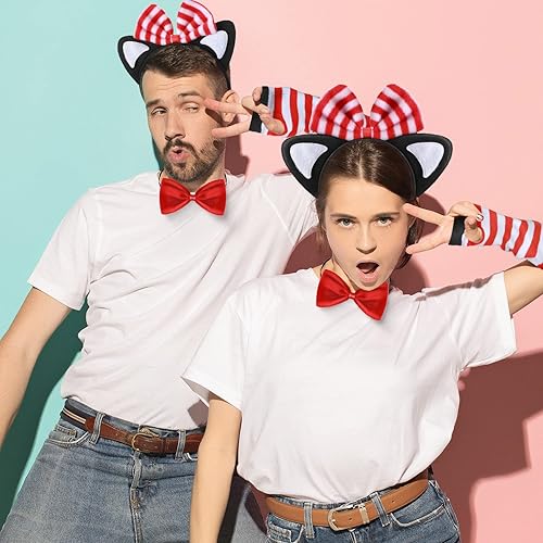Miniatura 5 de Leyndo Conjunto de disfraz de gato, diadema de oreja, corbatín, cola de gato, calentadores de brazo largo, medias elásticas a rayas para fiesta