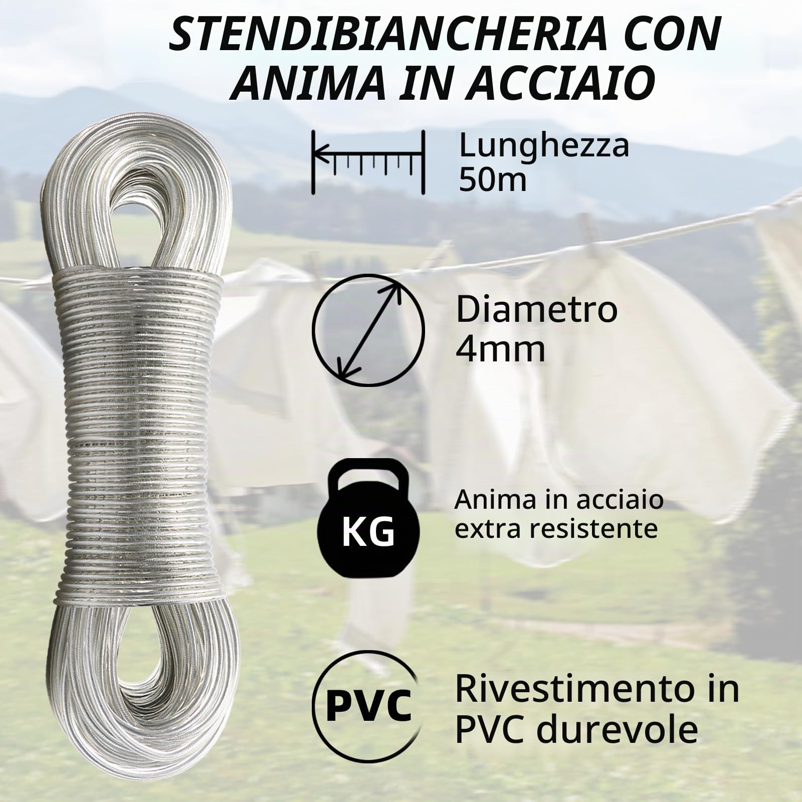 50m Filo per bucato con anima in acciaio, 4 mm, extra forte, resistente alla ruggine e alla corrosione, adatto per uso esterno, capacità 200 kg (Trasparente)