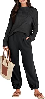 Caracilia Womens 2 Piece Outfits Sweater Sets Long Sleeve Knit Tops and Loose Pants Classy Matching Tracksuit Lounge Sets