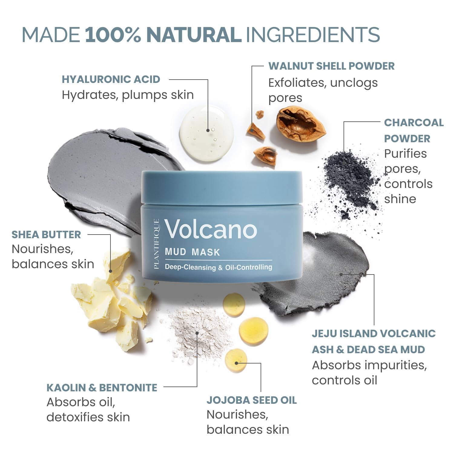 PLANTIFIQUE Korean Volcanic & Dead Sea Mud Mask - Face Mask with Charcoal, Hyaluronic Acid, Jojoba Oil & Shea Butter – Purifies, Refines Pores, Hydrates & Calms, 110g / 3.88 oz
