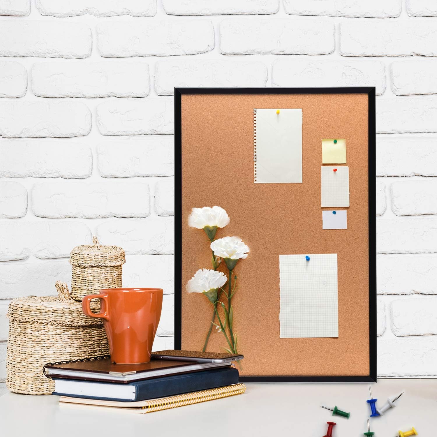 Cork Bulletin Board 24 x 18 Inches with Free Pins, 2 Pan Screws, 2 Anchors, Black Frame : Office Products
