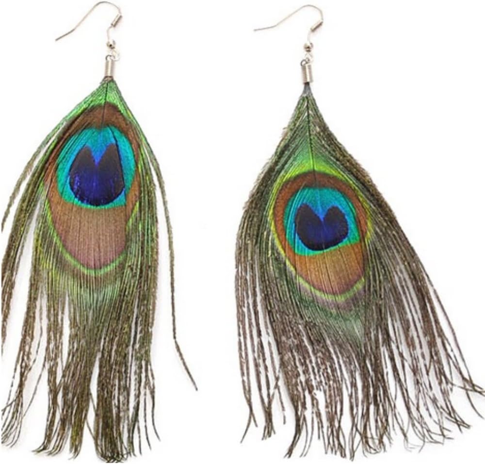 JUSTFOX Peacock Feather Boho Drop Earrings - 1 Pair