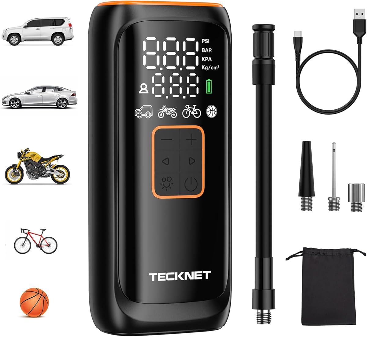 TECKNET Mini Compresor Aire Portátil, 150 PSI Inflador Ruedas Coche, Compresor Recargable 6000 mAh, Puede Utilizar como Banco de Energía y Linterna, 5 Modos, Adecuado para Coches, Bicicletas, etc.