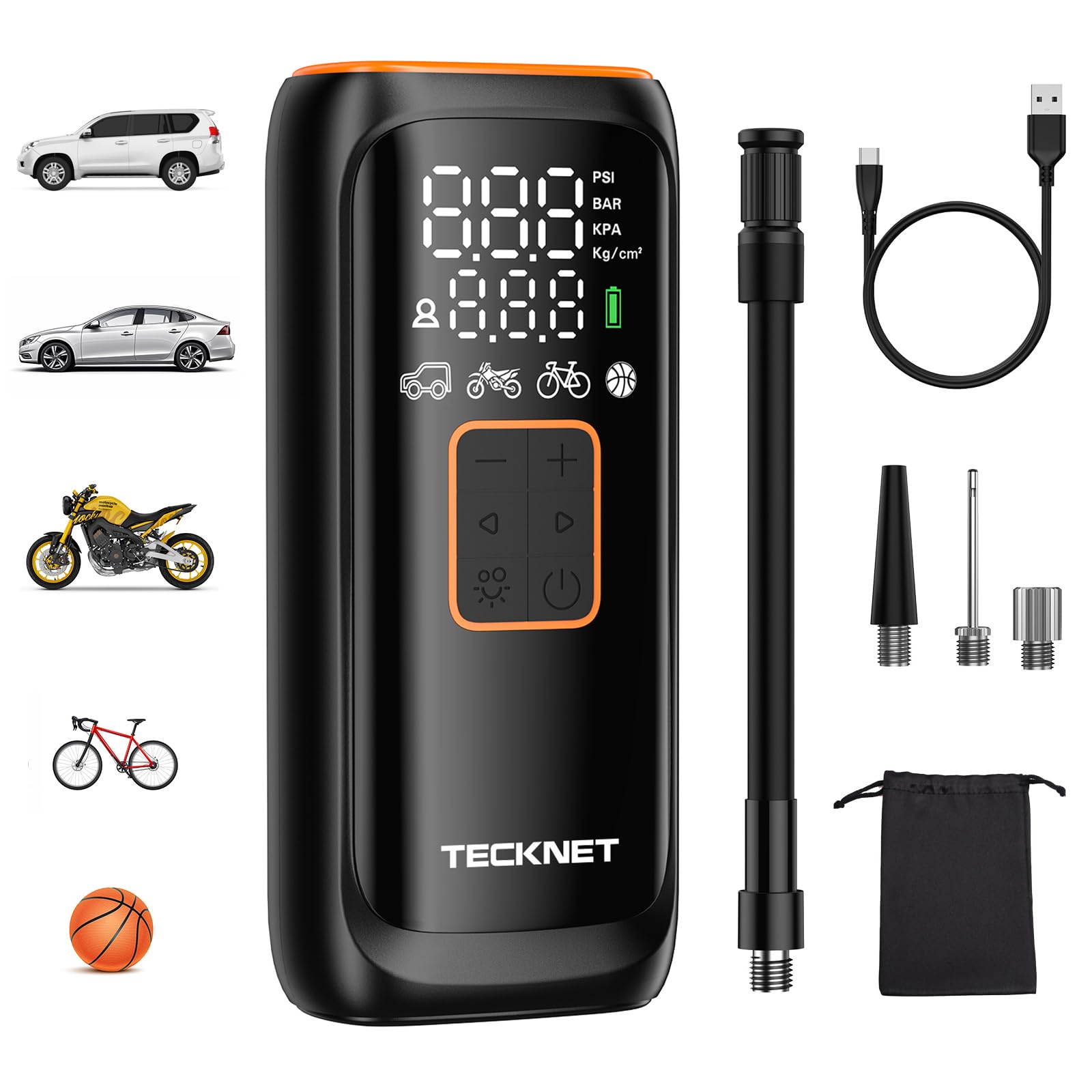 TECKNET Mini Compresor Aire Portátil, 150 PSI Inflador Ruedas Coche, Compresor Recargable 6000 mAh, Puede Utilizar y Linterna, 5 Modos, Adecuado para Coches, Bicicletas, etc.