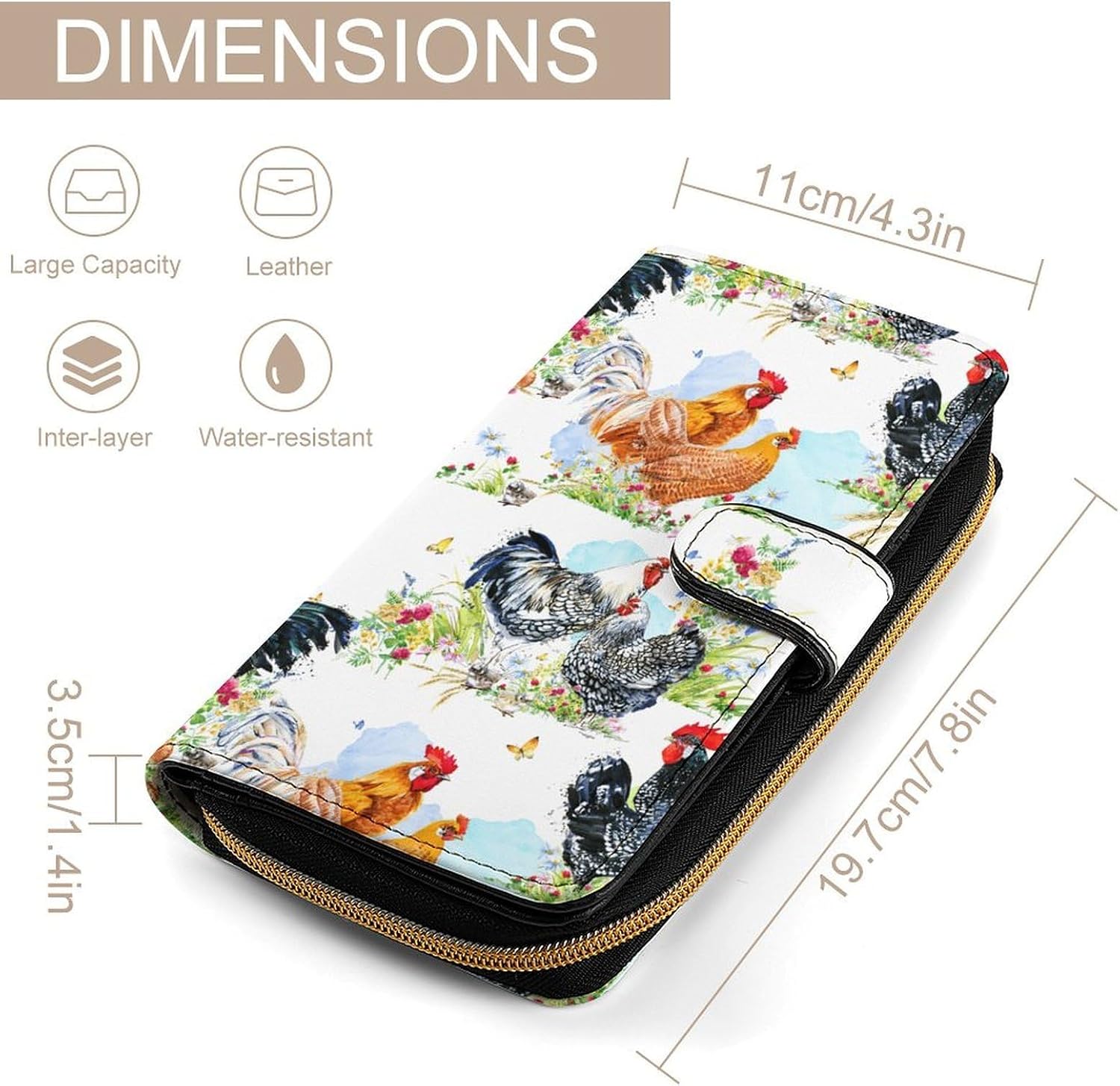 Rooster Chicken Watercolor Flowers Leather Multifunctional Wallet, Portable And Large Capacity