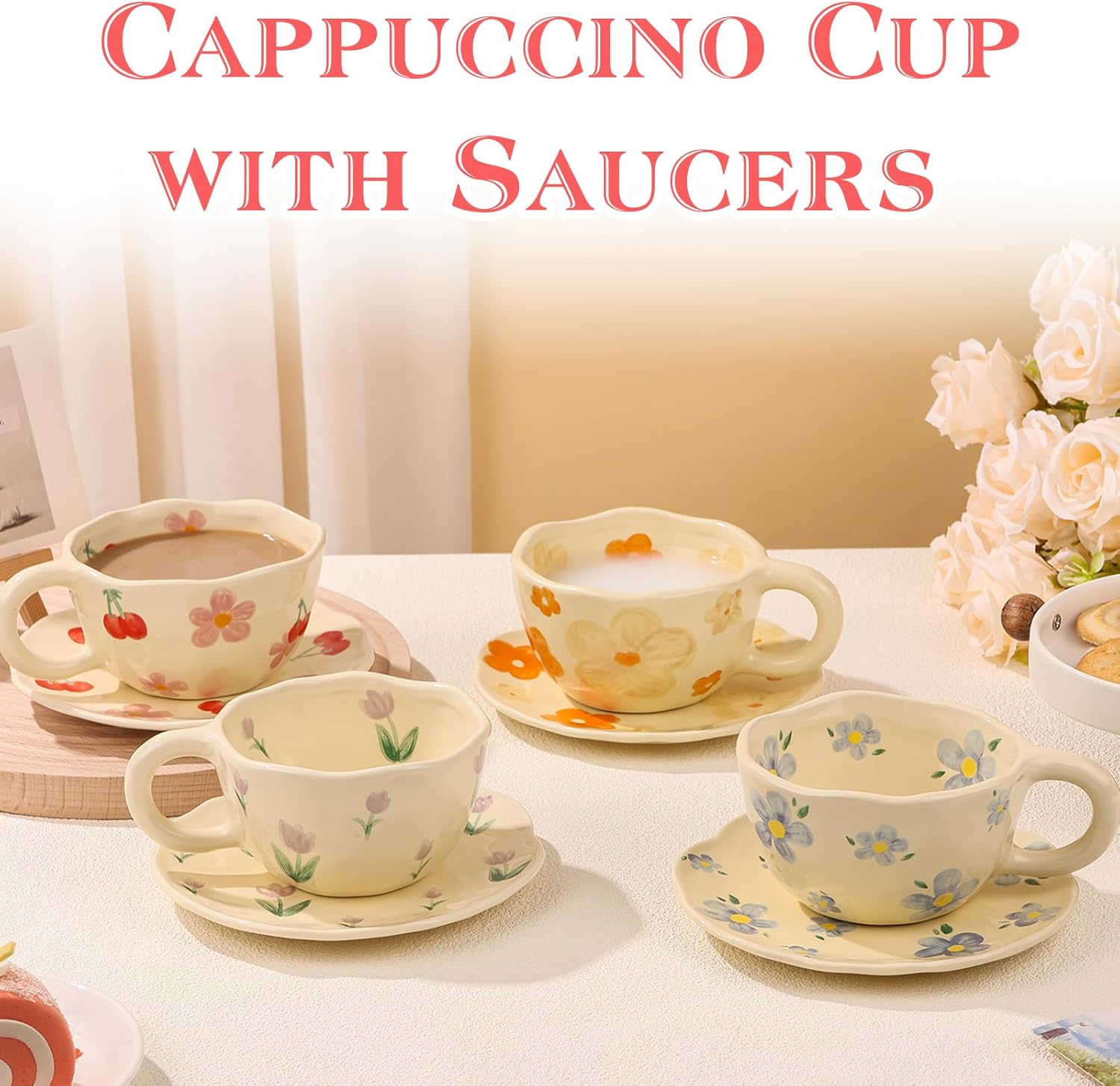 Cappuccino Cup with Saucers Set of 4 Ceramics Coffee Mugs 8 oz Latte Art Cup Vintage Aesthetic Flower Barista Cups for Americano, Tea, Espresso,Mocha, Milk - Microwave and Dishwasher Safe