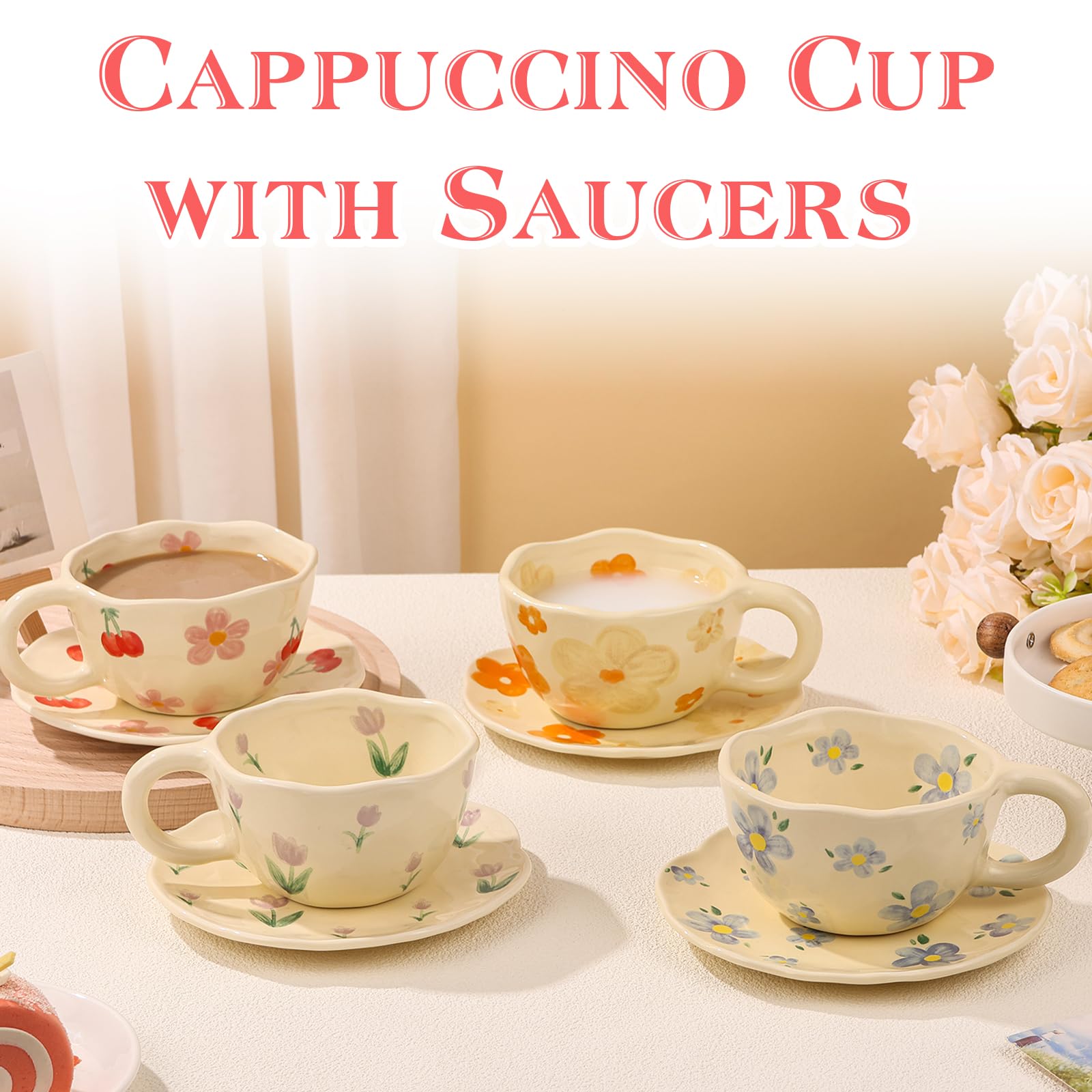 Set di 4 tazze da cappuccino con piattini, in ceramica, 226,8 g, per latte art e latte, stile vintage, per americano, tè, espresso, moka, latte, adatte al microonde e alla lavastoviglie