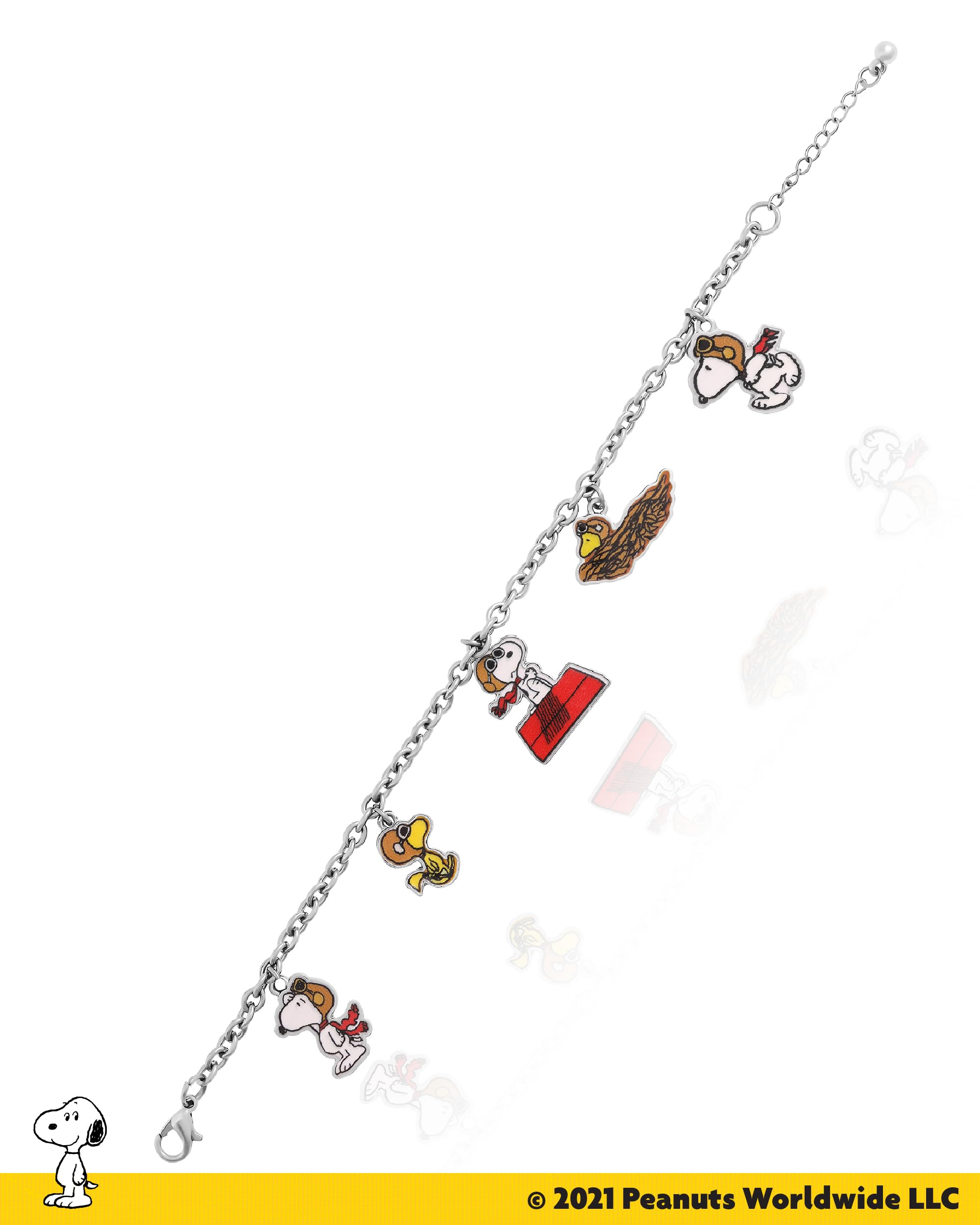 Peanuts Snoopy Charm Bracelet Official License, 7.5"+1" Fashion Bracelet with 5 Flying Ace Snoopy and Woodstock Charms