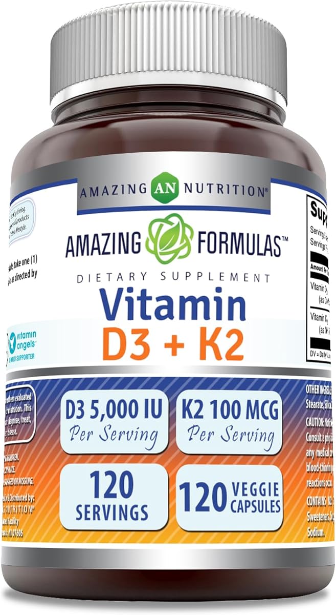 Amazing Formulas Vitamin D3 5000 IU with Vitamin K2 100 Mcg | 120 Veggie Capsules Supplement | Non-GMO | Gluten Free | Made in USA