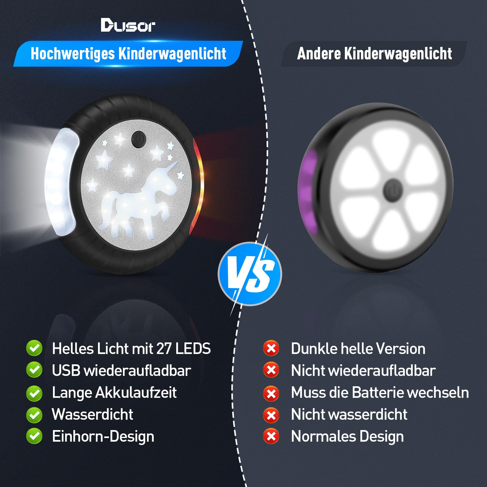 Dusor Luce Passeggino Luce Ricaricabile USB per Passeggino, 27 LED Pro Luce Passeggino 2 Effetti di Illuminazione, IPX6 Impermeabile Passeggino Adatto per Tutti i Passeggini (2 pezzi)