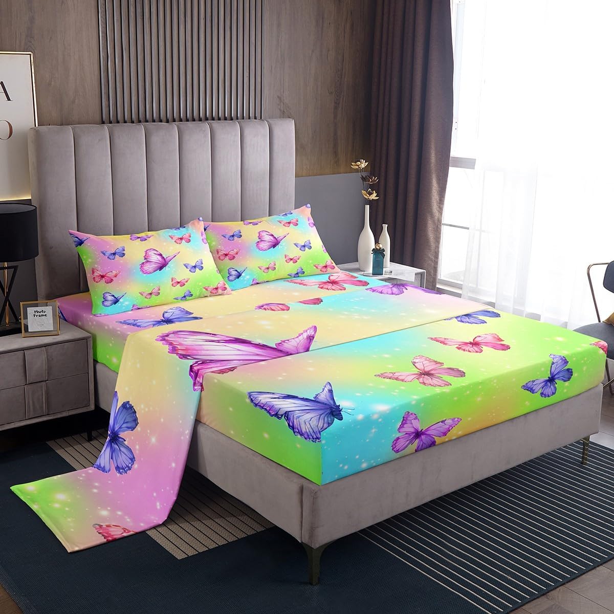 jejeloiu Butterfly Fitted Sheet Full Size Kids Butterflies Print for Boys Teens Rainbow Bed Sheets Set Beautiful Butterfly Bedding Set Room Decor